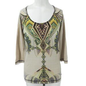 One World Raglan Sleeve Knit Top Size S Ethnic Geometric 3/4 Sleeve Gold Cream